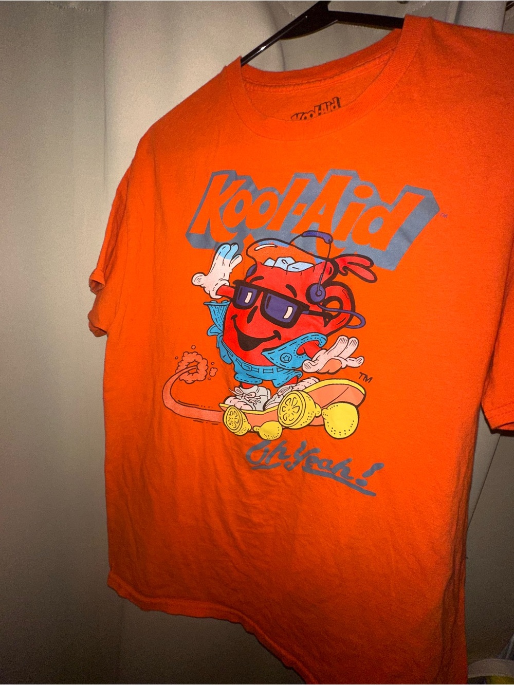 VTG orange Kool-Aid "Oh Yeah" skateboarding t-shirt men’s size large